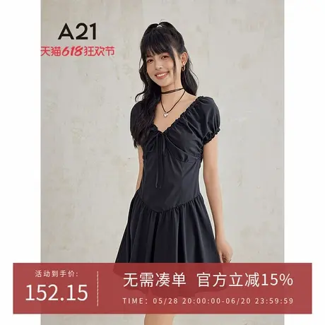 A21女装V领泡泡短袖连衣裙夏季设计感气质时尚裙子图片