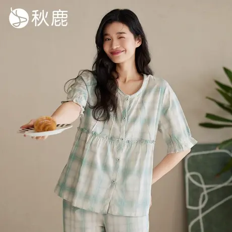 秋鹿梭织色格纯棉睡衣女春夏圆领五分袖九分裤薄款家居服夏季套装图片
