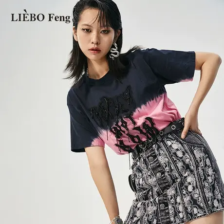 裂帛LIEBOFeng商场同款2023年新品简约渐变扎染立体刺绣短袖T恤商品大图