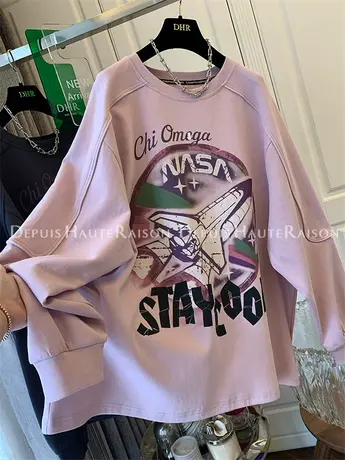 美式复古今年流行慵懒风薄款卫衣上衣T恤女春秋装2023年新款爆款商品大图