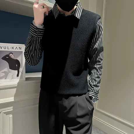 秋冬个性毛衣假两件男潮流韩版条纹拼接衬衫领休闲打底针织衫外套商品大图