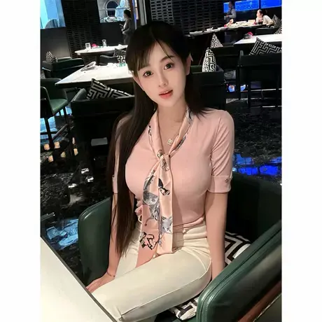 韩系金秘书OL气质别致绝美小上衣高级感飘带围巾通勤V领短袖打底T图片