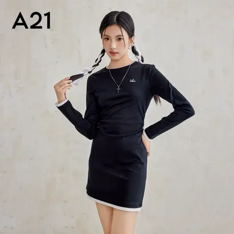 A21女装平肩长袖针织高弹力2025法式优雅气质长款收腰气质连衣裙图片
