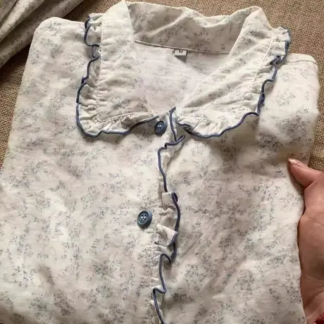 新品！a类全棉双层纱布小碎花花边长袖长裤睡衣娃娃领家居服外穿商品大图
