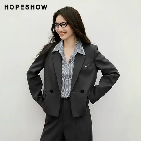 红袖2025秋季新款女装 金属标双排扣正肩长袖翻驳领短款西装外套商品大图