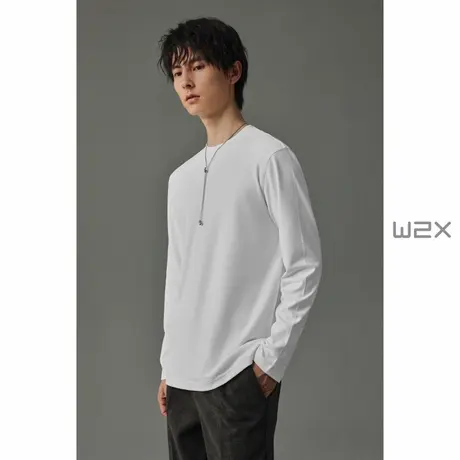 w2x2024秋季双面碳素磨绒设计圆领长袖T恤男纯色体恤青年打底衫潮商品大图