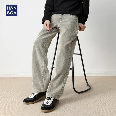 hansca秋季重磅纯棉休闲裤男2025新款复古做旧水洗灯芯绒直筒长裤商品大图