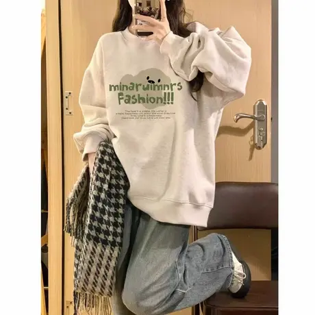 无帽圆领卫衣女秋冬季韩系慵懒风美式复古潮牌高级感加绒加厚上衣商品大图
