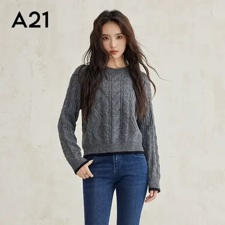 A21女装宽松圆领落肩套头毛衫时尚简约慵懒风保暖套头衫毛针织衣商品大图