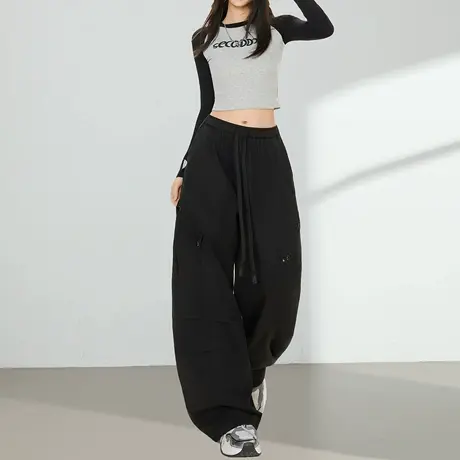 工装牛仔裤女2025新款秋季高腰黑色显瘦阔腿弯刀裤宽松拖地长裤子图片