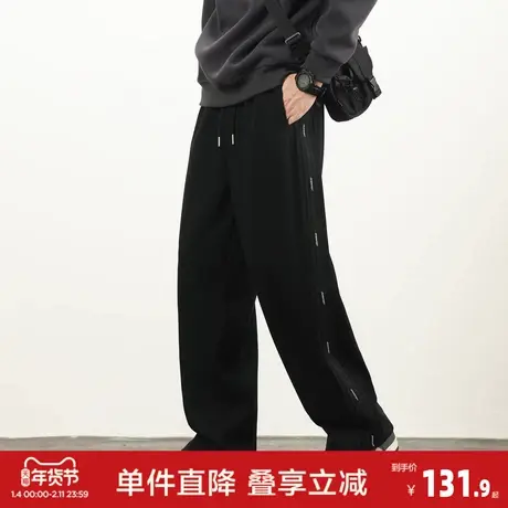 唐狮26秋冬新款男加绒直筒休闲长裤美式潮流松紧带运动风侧边条纹商品大图