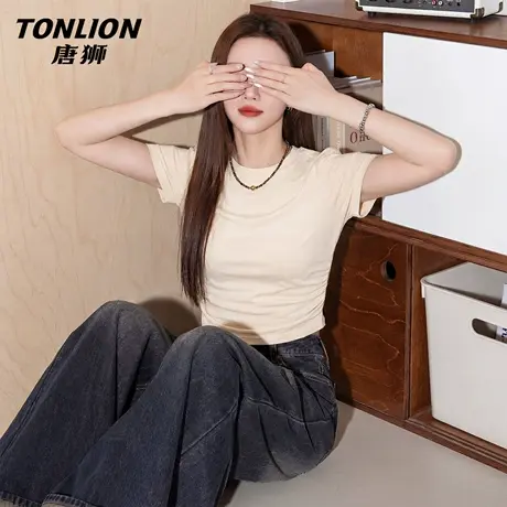 唐狮官方正肩短袖t恤女2026新款夏显瘦半袖特别好看的掐腰上衣VC商品大图