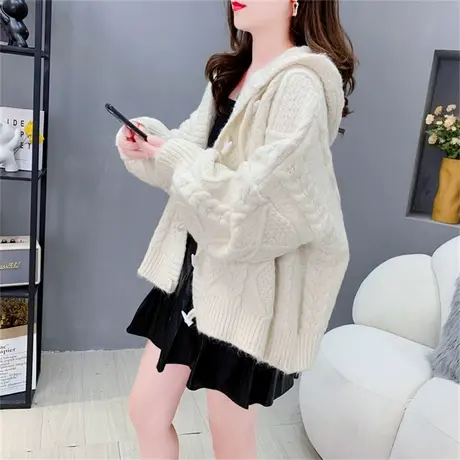 慵懒风连帽毛衣外套女春秋季新款宽松小个子软糯针织开衫chic上衣商品大图