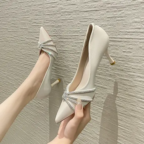 尖头单鞋女设计感小众名媛2023年新款秋冬法式水钻细跟气质高跟鞋商品大图