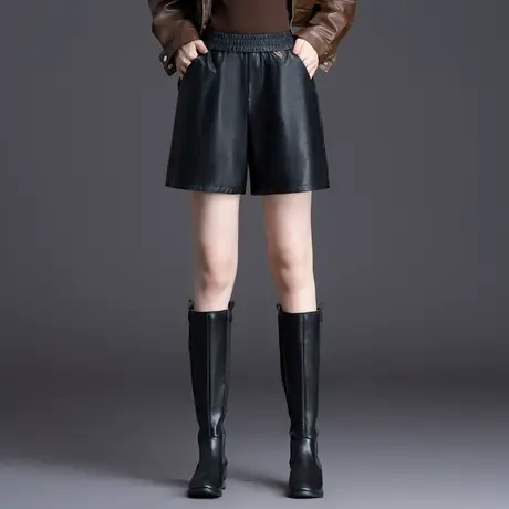 松紧腰黑色皮短裤女秋冬2023新款宽松a字阔腿裤时尚百搭休闲靴裤商品大图