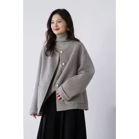 嘉茱莉2023秋冬新款羊毛双面呢大衣女小个子短款毛呢外套羊毛上衣商品大图