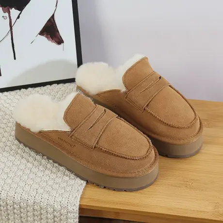 包头拖鞋女2023冬季新款皮毛一体雪地靴女厚底增高加绒保暖棉拖鞋商品大图