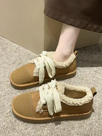 复古系带磨砂勃肯鞋女冬2023新款平底加绒豆豆鞋森系休闲丑萌棉鞋商品大图