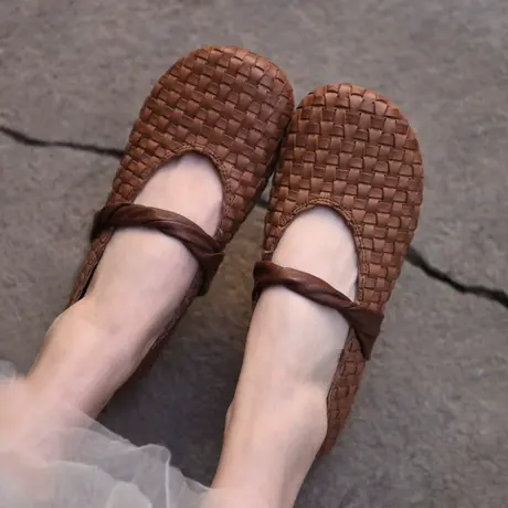 Artmu阿木原创复古真皮编织玛丽珍鞋女浅口单鞋平底软底豆豆鞋图片