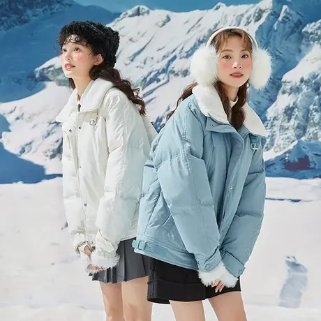 唐狮冬季立领仿毛拼接短款羽绒服女装外套加厚宽松保暖衣服防寒潮图片
