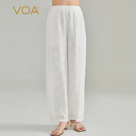 VOA真丝提花雪白连腰侧插袋隐形拉链双层设计清爽透气百搭直筒裤图片
