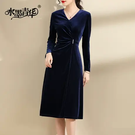 水墨青华春季新款时尚显瘦打底裙优雅百搭中长款丝绒连衣裙图片