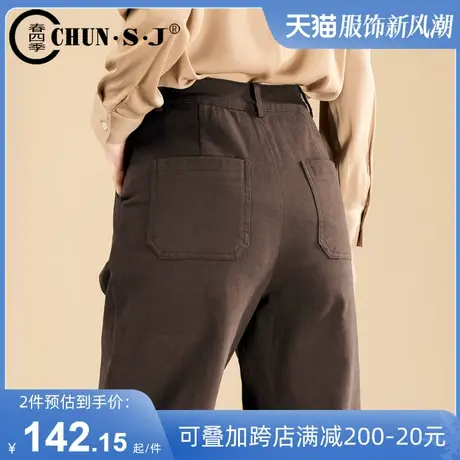 咖啡色工装裤女高腰秋冬休闲哈伦裤2023新款加绒直筒裤子束脚长裤商品大图