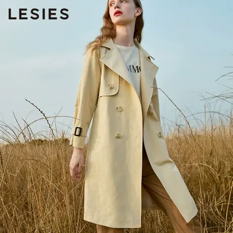 蓝色倾情春夏季女装新款 卡其色翻领双排扣长袖风衣女中长款外套图片