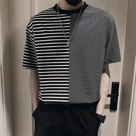 夏季男士t恤男装短袖宽松半袖拼色条纹潮流潮牌学生网红休闲体恤商品大图