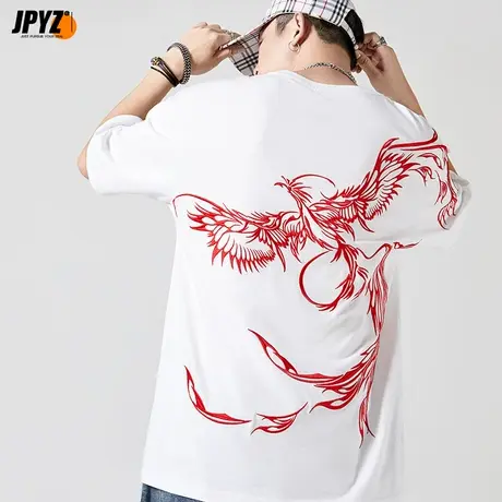 中国风半截袖短袖纯棉白色宽松大码凤凰刺绣男t恤国潮牌潮流半袖图片