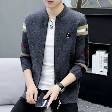 潮牌仿水貂绒夹克外套男士秋冬季加厚保暖开衫毛衣男装棒球服上衣商品大图