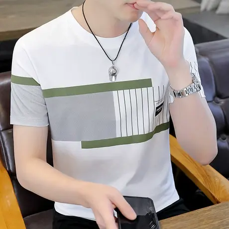 短袖t恤男夏季薄款宽松透气冰感上衣服男士潮牌拼色印花半袖体恤商品大图