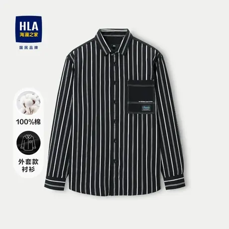 HLA/海澜之家时尚条纹长袖休闲衬衫23秋季纯棉外套宽松长衬男图片