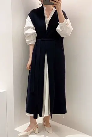 纯诗曼秋新款V领针织马甲女中长款韩版时尚系带气质百搭马夹外套图片