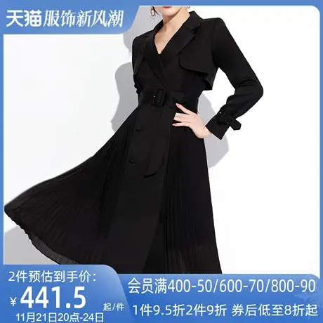 AUI黑色设计感气质风衣女2023春秋新款欧货中长款拼接雪纺外套裙商品大图