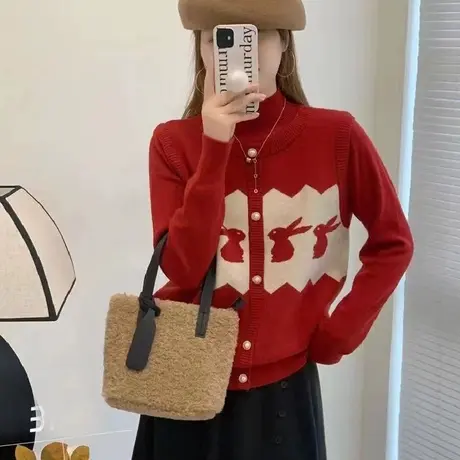 设计感假两件小兔子爆款半高领套头针织衫女撞色显瘦打底衫上衣商品大图