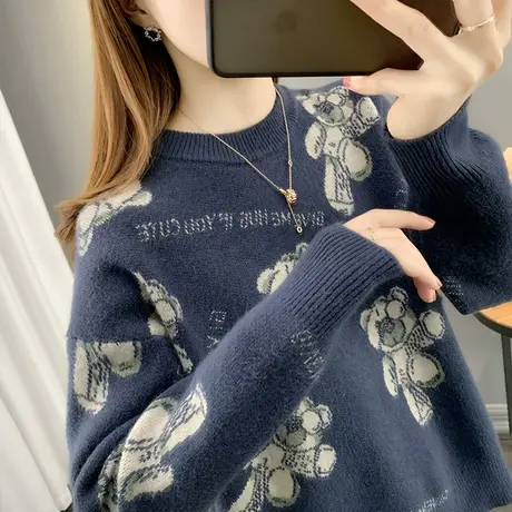 女士小熊毛衣加绒加厚秋冬2023新款爆款宽松套头针织打底衫慵懒风图片