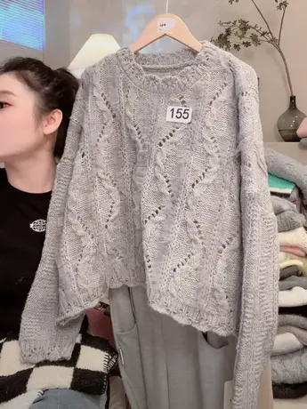 小众设计感灰色套头毛衣女2023秋装新款气质时尚镂空宽松针织衫洋图片