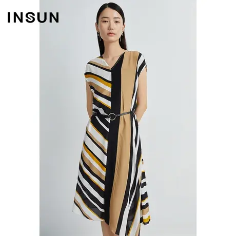 INSUN恩裳线上专选夏季100%真丝宽松条纹连衣裙图片