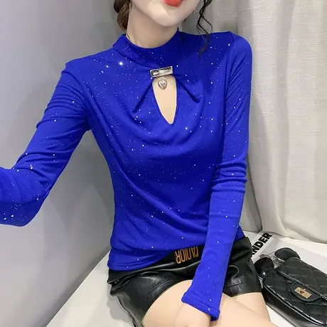 加绒加厚打底衫女秋冬性感镂空网纱长袖T恤女修身百搭半高领上衣商品大图