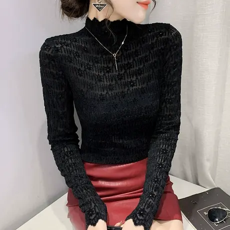 半高领蕾丝打底衫女春秋2024新款紧身内搭长袖小衫性感镂空上衣潮图片