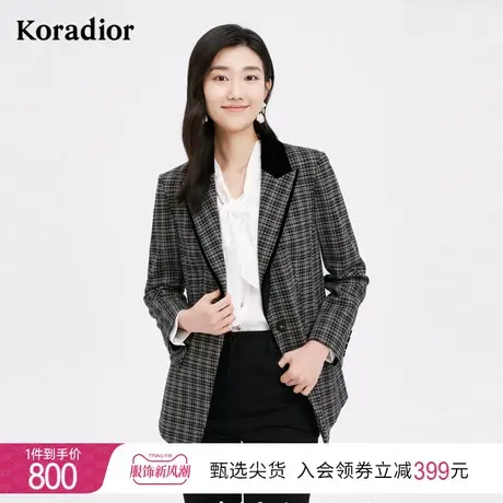 珂莱蒂尔休闲正装长袖复古西装外套女别致格纹西服上衣春秋新款图片
