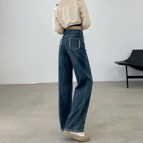 窄版阔腿牛仔裤女2023春秋高腰显瘦复古毛边做旧宽松直筒拖地裤子商品大图