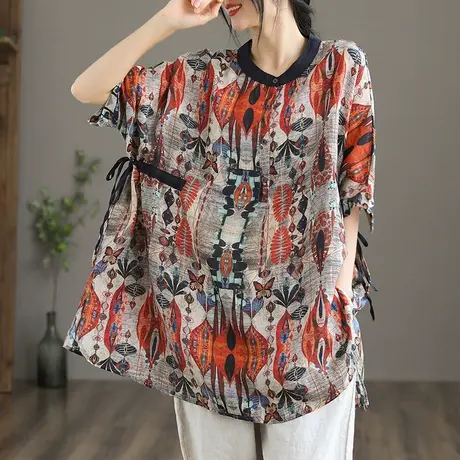 dza 中国风亚麻短袖女士衬衫夏季新款大码棉麻上衣宽松气质衬衣薄图片