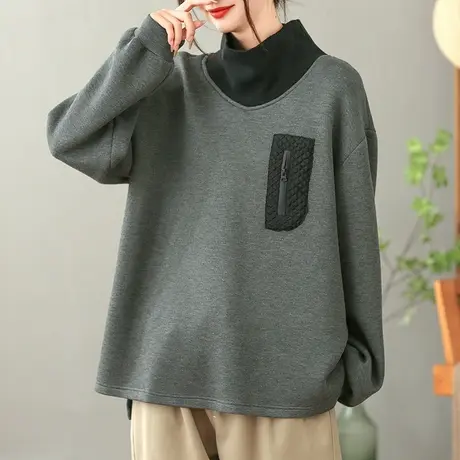 dza 复古半高圆领套头卫衣女秋冬内搭打底拼接长袖宽松休闲短上衣商品大图