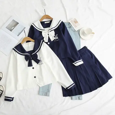 春秋日系jk制服衬衫女海军领水手服校园学院风蝴蝶结刺绣打底上衣图片