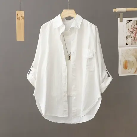 休闲白色衬衫外套女宽松中长款2024秋季新款上衣叠穿外搭衬衣开衫商品大图