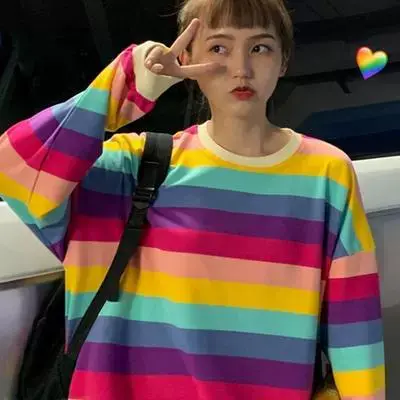 2024年新款秋季彩虹条纹韩版长袖百搭上衣女宽松ins超火网红T恤潮商品大图