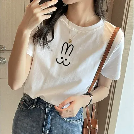 韩版印花兔子白色上衣t恤女2023新款宽松半袖纯棉减龄打底体恤衫图片