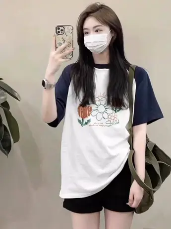 仿棉撞色t恤女夏季港味复古chic上衣短袖oversize宽松半袖女ins潮商品大图
